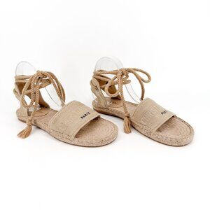 Dior Granville Beige Logo Espadrille Tie Sandals Size 41 Wide US 11 Women Flat